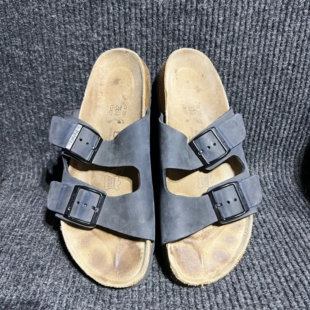 Betula Birkenstock Sandals Mens 40 L9 M7 Black Two Strap Slide Cork Footbed